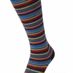 Bonnie Doon Dames Gestreepte Kniekousen Blauw/Rood/Geel Maat 36/42 - Knie Kousen - Streep Patroon - Strepen Print - Uitstekend Draagcomfort - Jersey Stripe Knee High - Kniesokken - Zakt Niet Af - OEKO-TEX - Light Navy - BP051501