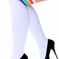 KIMU Lange Sokken Wit Regenboog Strepen - 36-41 - Witte Kniekousen Kousen Sportsokken Cheerleader Voetbal Hockey Unisex