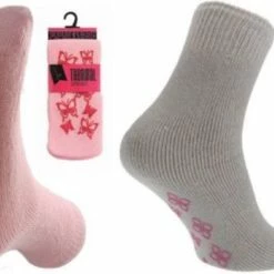 Merkloos 2 Paar Anti Slip Thermo Sokken - Bedsokken - Lounge Sokken - Roze / Lichtgrijs - Maat 37/41