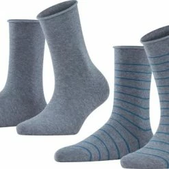 FALKE Happy Stripe 2-Pack Zacht Met Motief Versterkt Hoogwaardig Mid-rise Robuust Ademend Dekkend Set Kort Gestreept Katoen Multipack Grijs Dames Sokken - Maat 35-38