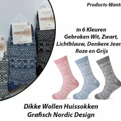 Merkloos 3-Paar Dikke Wollen Huissokken Grafisch Nordic Design In Lichtblauw, Grijs En Zwart 39-42