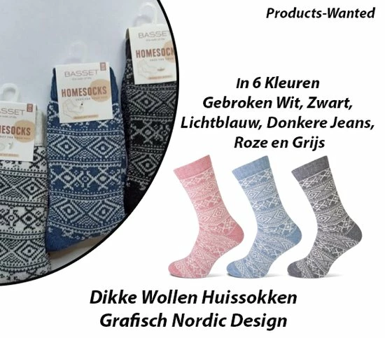 Merkloos 3-Paar Dikke Wollen Huissokken Grafisch Nordic Design In Lichtblauw, Grijs En Zwart 39-42 3 Merkloos 3-Paar Dikke Wollen Huissokken Grafisch Nordic Design In Lichtblauw, Grijs En Zwart 39-42