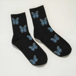 Merkloos - Vrolijke - Dames - Sokken - Vlinder - 36/39 - Zwart - Blauw -