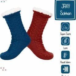 JAXY Huissokken - Huissokken Dames En Heren - Verwarmde Sokken - Anti Slip Sokken - Fleece Sokken - Dikke Sokken - Fluffy Sokken - Slofsokken - Warme Sokken - Bedsokken - Gevoerde Sokken - Winter Sokken - 2 Paar - Rood En Petrol -Exporteren beenmode winkel 550x567
