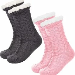 JAXY Huissokken - Huissokken Dames En Heren - Verwarmde Sokken - Anti Slip Sokken - Fleece Sokken - Dikke Sokken - Fluffy Sokken - Slofsokken - Warme Sokken - Bedsokken - Gevoerde Sokken - Winter Sokken - 2 Paar - Roze + Grijs