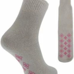 Merkloos 2 Paar Anti Slip Thermo Sokken - Bedsokken - Lounge Sokken - Roze / Lichtgrijs - Maat 37/41 -Exporteren beenmode winkel 550x630