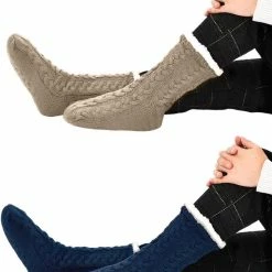 JAXY Huissokken - Huissokken Dames En Heren - Verwarmde Sokken - Anti Slip Sokken - Fleece Sokken - Dikke Sokken - Fluffy Sokken - Slofsokken - Warme Sokken - Bedsokken - Gevoerde Sokken - Winter Sokken - 2 Paar - Beige + Blauw -Exporteren beenmode winkel 550x684 1