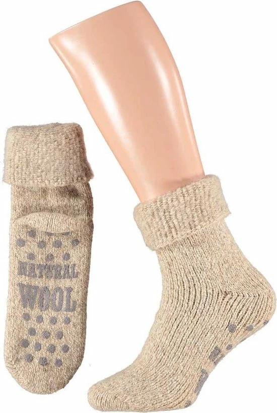 Apollo Dames Huissokken Wol Met Antislip Taupe 35-38 3 Apollo Dames Huissokken Wol Met Antislip Taupe 35-38