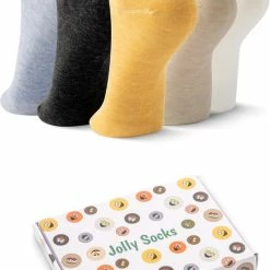 Jollysta Jolly Socks - 5 Paar Sneakersokken Dames - Grappige Sokken - Enkelsokken Dames - Funny Socks - Vrolijke Sokken - Leuke Sokken - Smiley Sokken - Maat 35-42 - Blauw, Zwart, Geel, Lichtbruin En Wit